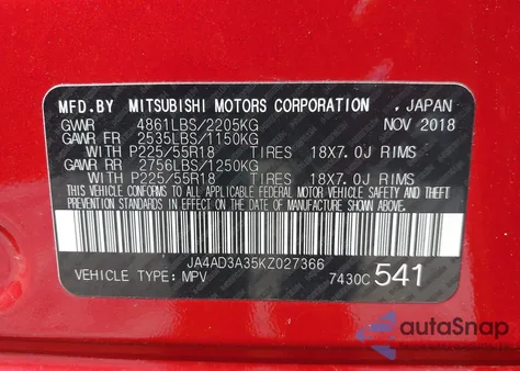 2019 Mitsubishi Outlander Le/Se/Sel z USA, uszkodzony, nr VIN JA4AD3A35KZ027366